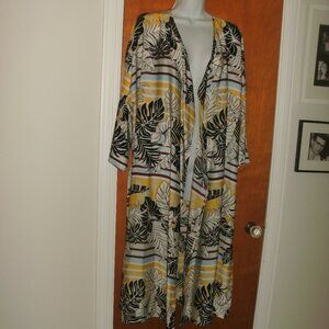 H&M Long Silky Tropical Print Kimono Robe Beach Cover Up with Attached Ties ~ M